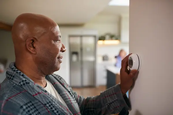 Man Turning Control Dial On thermostat. 