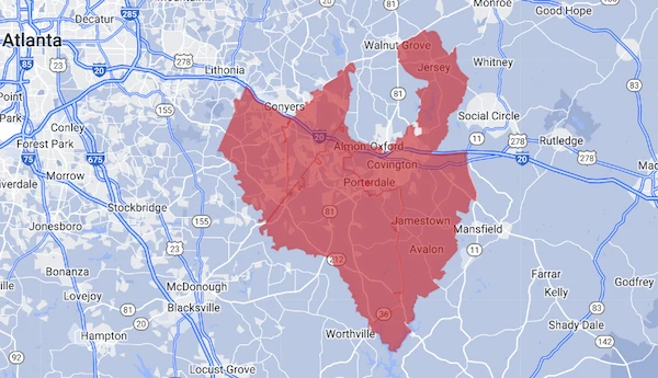 Map of Covington, Georgia and surrounding areas served by Aire Serv of Covington.