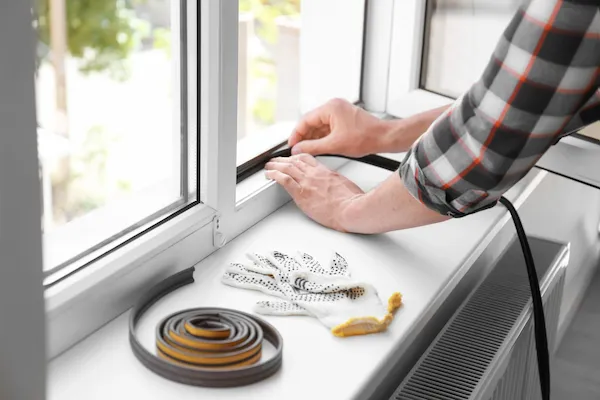 Close-up of man sealing window with rubber weather strip.