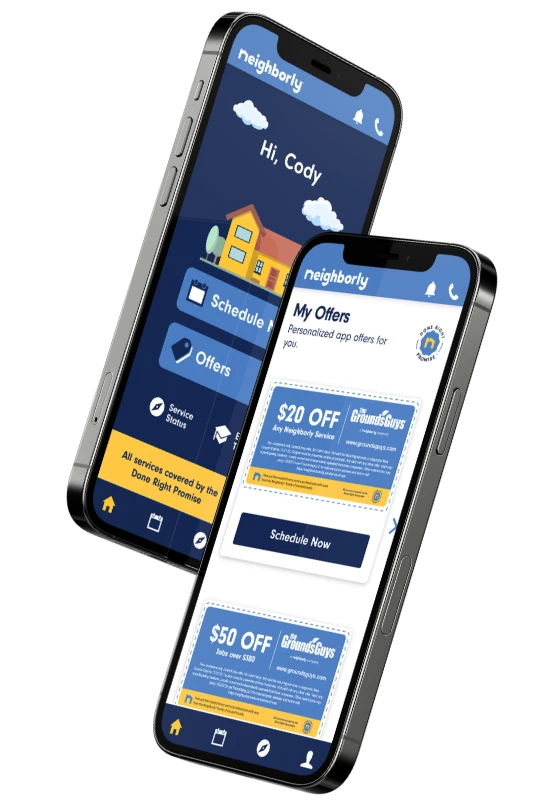 Pair of smartphones displaying Neighborly app homepage and coupons on-screen.